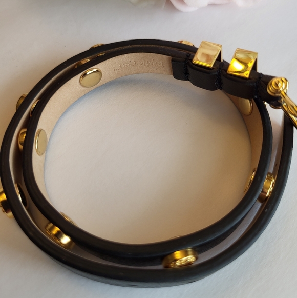 Rustic Cuff Black Leather Double Wrap Bracelet Studs Buckle Closure Goldtone - Picture 6 of 11